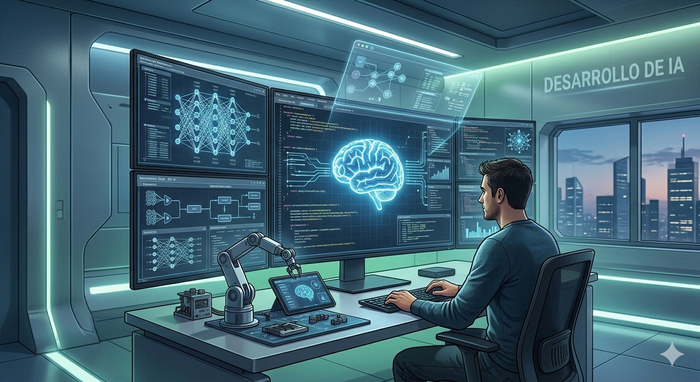 Escena futurista de inteligencia artificial con una profesional frente a un computador