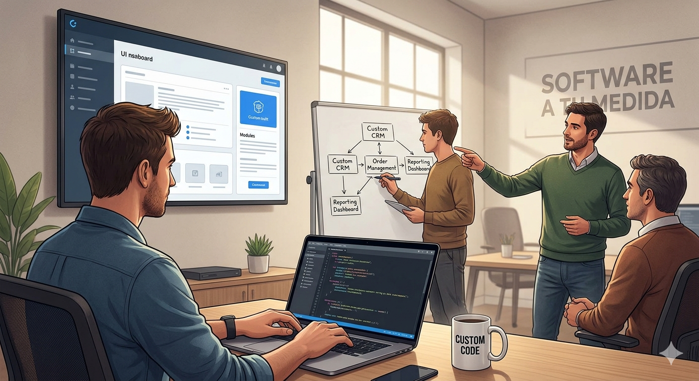 Desarrollador de software trabajando en un portatil con codigo en pantalla